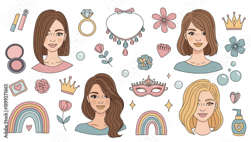 Feminine collection of beauty and fashion elements including woman portraits, jewelry, makeup, and rainbows.