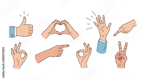 Set of various human hand gestures including a thumbs up and heart shape and pointing fingers and okay signs for versatile communication icons.