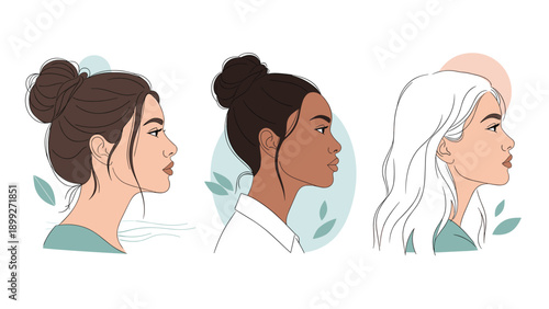 Three side profiles of diverse women with different skin tones and beautiful hairstyles like buns and loose waves on a decorative background.
