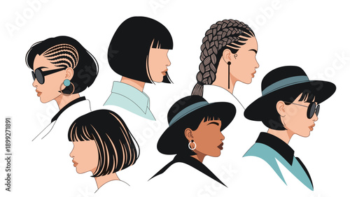 Diverse group of women shown in side profile showcasing various trendy hairstyles and accessories like stylish hats and dark sunglasses and jewelry.