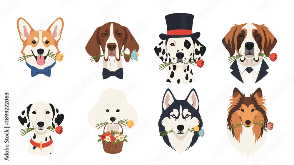 Obraz premium Set of eight different dog breeds holding colorful flowers in their mouths to represent various celebratory themes like weddings or birthdays.