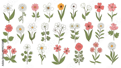 Grid of twenty four different simple flower illustrations with green stems and leaves to represent a diverse and colorful spring meadow garden.