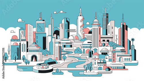 Modern and stylized urban city skyline illustration featuring numerous tall skyscrapers and a winding blue river under a clear bright sky.