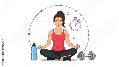 Young woman practicing yoga and meditation in a peaceful lotus pose surrounded by fitness icons like a water bottle and a heavy metal dumbbell.