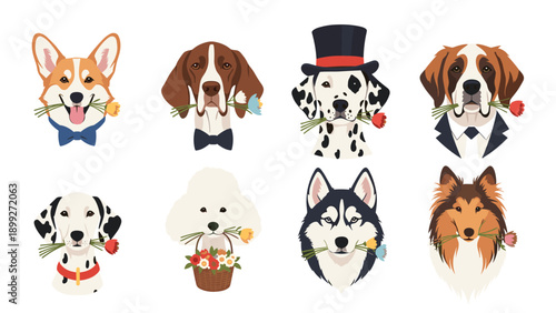 Set of eight different dog breeds holding colorful flowers in their mouths to represent various celebratory themes like weddings or birthdays.
