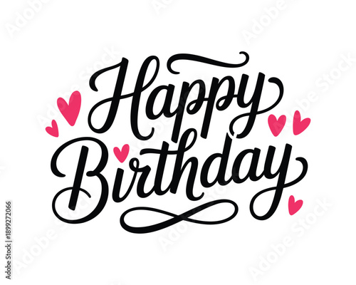 Hand lettered happy birthday message with pink heart accents