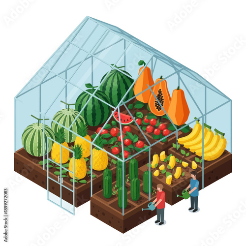 Greenhouse with Variety of Fresh Fruits and Vegetables.