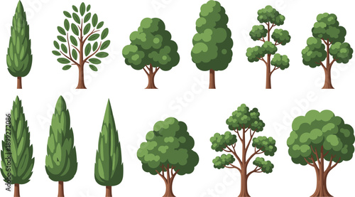 Set of various stylized green tree illustrations featuring cypress deciduous oaks and bushy foliage isolated on grey background for landscape design