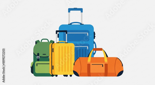 A colorful illustration of various luggage and travel bags on a white background