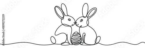 Abstract line art illustration of two rabbits and an egg