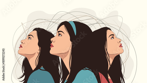 Conceptual illustration of three women looking upwards at a tangled mess of lines representing complex thoughts and confusion and mental stress.