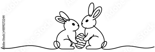 Two rabbits drawn with a single line facing each other with an egg