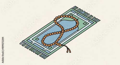 A vector graphic illustration of a prayer mat with a rosary on a beige background