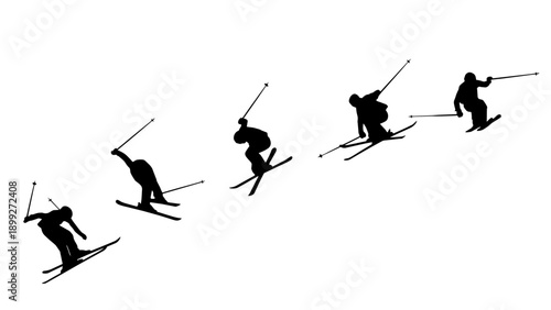 Silhouette sequence of a skier jumping. Vector illustration isolated on white background.
