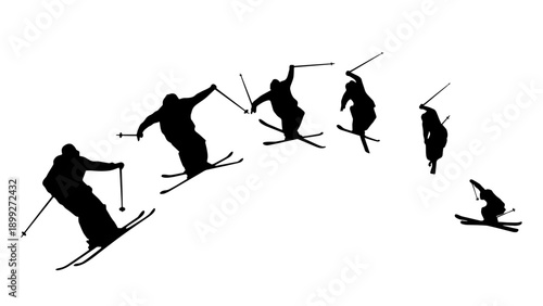 Silhouette sequence of a skier jumping. Vector illustration isolated on white background.
