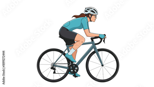 Professional female cyclist in blue athletic gear and helmet riding a grey road bike in a racing position.