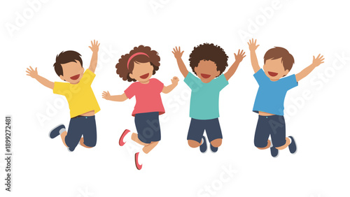 Group of diverse happy children jumping together with raised arms in a celebration of joy and friendship.