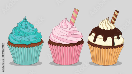 Three delicious cupcakes with varied frosting including blue swirls, pink cream, and chocolate drizzle with wafers.