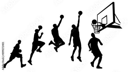 Silhouette sequence of a basketball player performing a layup. Vector illustration isolated on white background.

