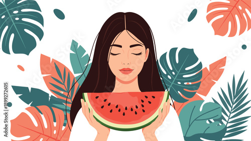 Beautiful woman with long dark hair and closed eyes holding a large slice of watermelon against a tropical leaf backdrop.