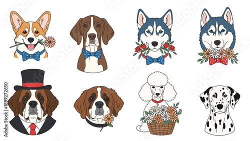 Set of diverse dog breed illustrations featuring accessories like bow ties, top hats, and baskets of flowers.