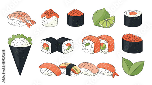 Wide selection of Japanese sushi including nigiri, maki rolls, temaki, and gunkan with fresh salmon and tuna.