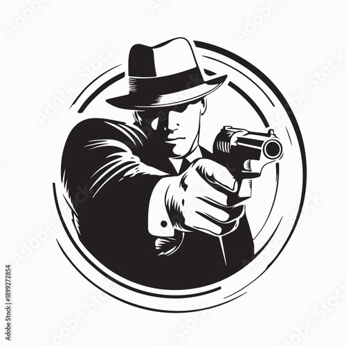 Gangster Aiming Gun Image Vector Silhouette on White Background