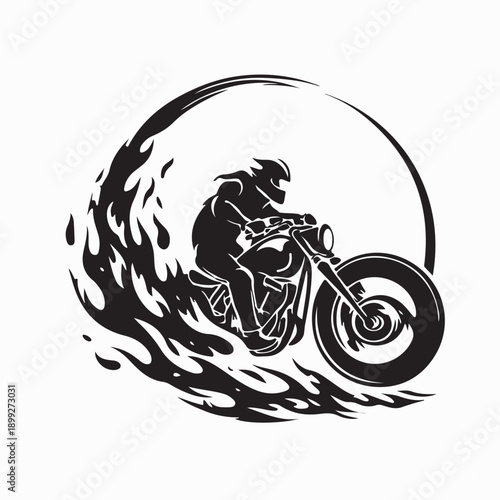 A man on a motorcycle is riding on fire with flames around him silhouette vector