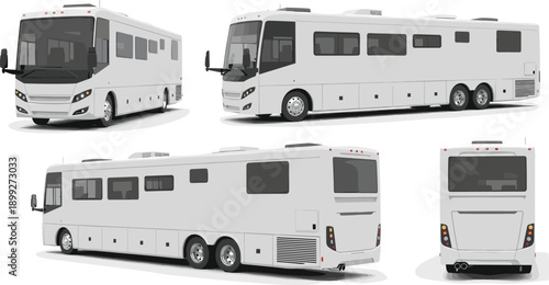 Luxury White Motorhome RV Mockup Set Showing Multiple Angles Including Front Side and Rear Views Isolated on White Background for Travel and Branding Design