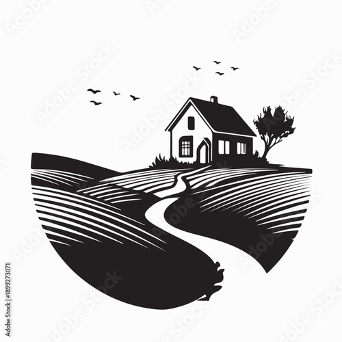 Farm landscape with farm house design logo vector on white background