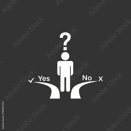 Vector decision making concept with question mark, yes or no choice, isolated on dark gray background, png