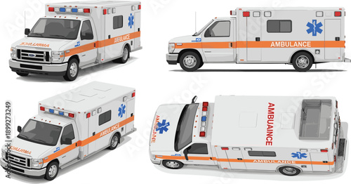 Modern ambulance emergency vehicle mockup set featuring front side top and perspective views with red siren lights for medical transport and paramedic healthcare concepts
