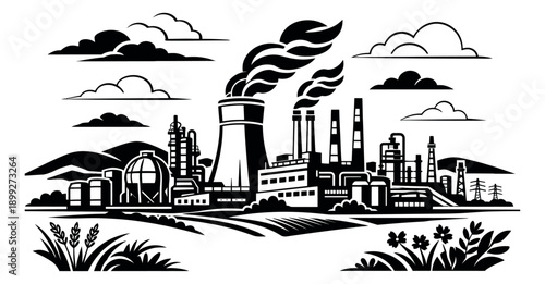 Monochromatic graphic industrial landscape set featuring factories, a cooling tower, and smoking chimneys for environmental and energy concepts