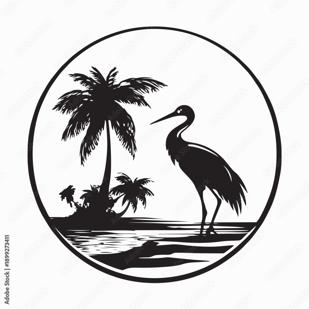 Fototapeta premium Stork In The Beach Silhouette Vector Isolated on White Background