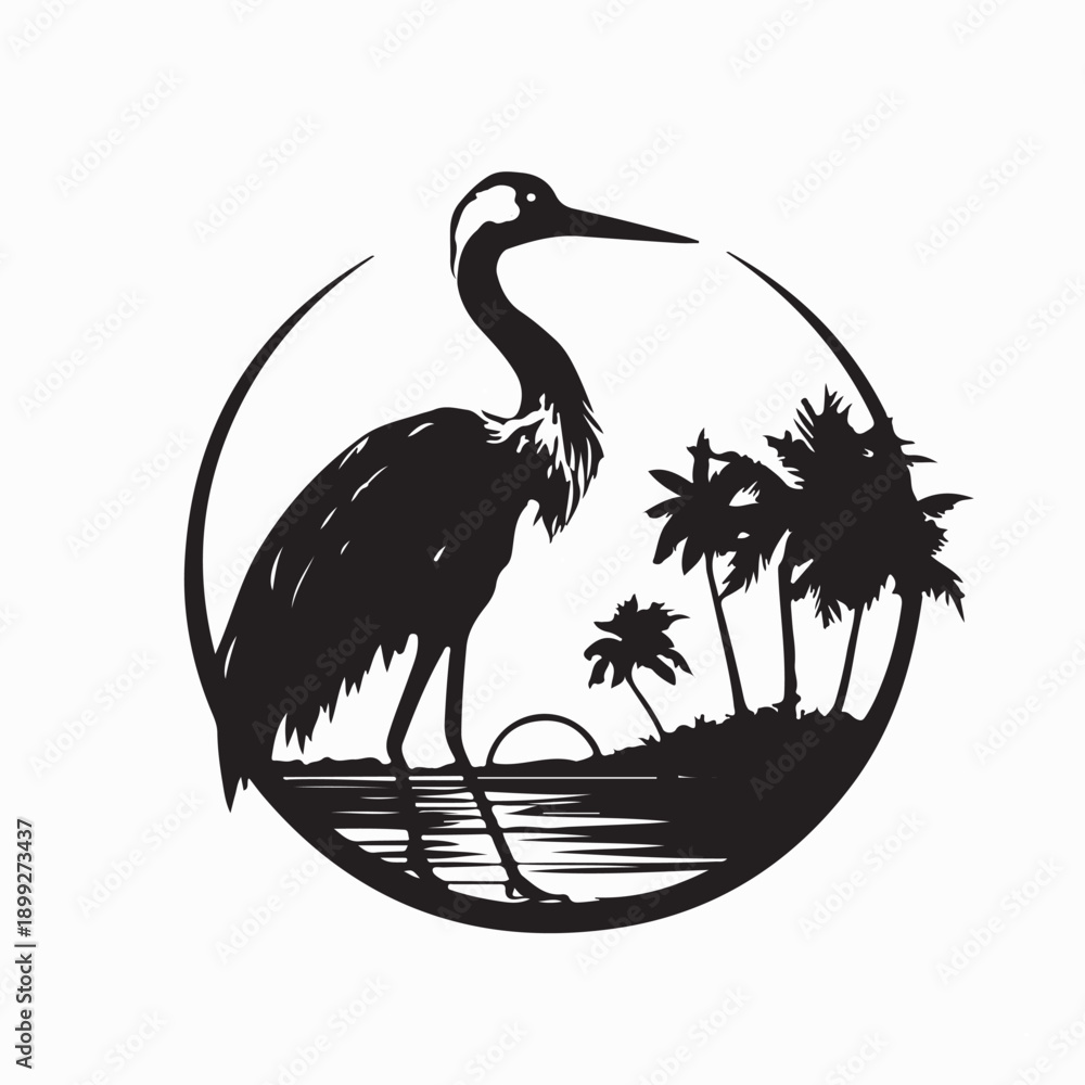 Naklejka premium Stork In The Beach Silhouette Vector Isolated on White Background