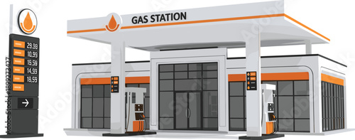 Modern Gas Station Building Illustration with Fuel Pumps Price Board and Orange Details Isolated on White Background for Petroleum Industry and Automotive Transport Design