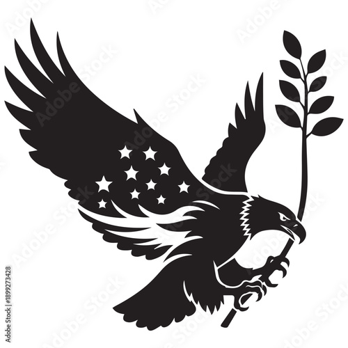 Eagle with American flag wings holding olive branch, patriotic symbol