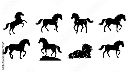 Set of black horse silhouettes in various poses and movements.