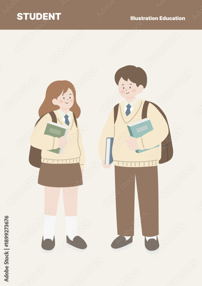 Fototapeta premium Cute student characters in school uniform holding books illustration