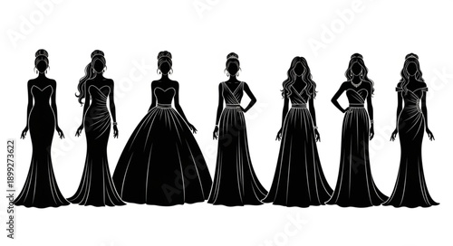 Silhouettes of women in elegant evening gowns on a white background.