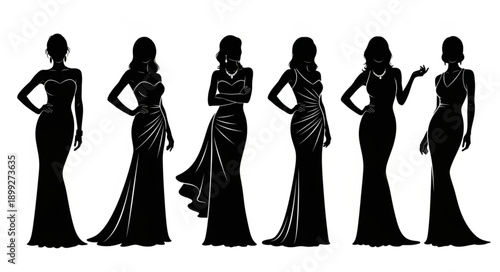 Silhouettes of Women in Elegant Evening Gowns Poses.