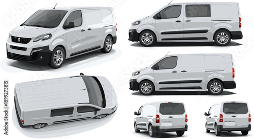 Modern white cargo delivery van vector set with multiple views including front side rear and top perspective for commercial logistics and transport projects