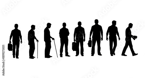 Silhouettes of men showing different stages of life and aging.