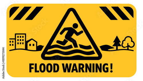 Graphic illustration of a flood warning sign depicting a person running through water for emergency preparedness