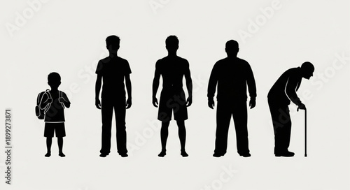 Silhouettes of men representing different life stages from childhood to old age.