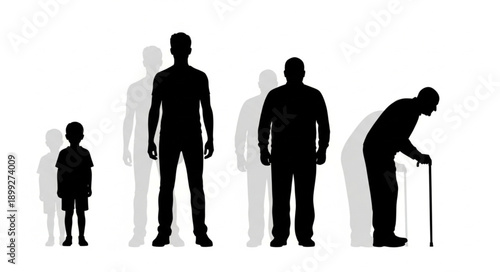 Silhouettes of people representing different ages from child to elderly man.