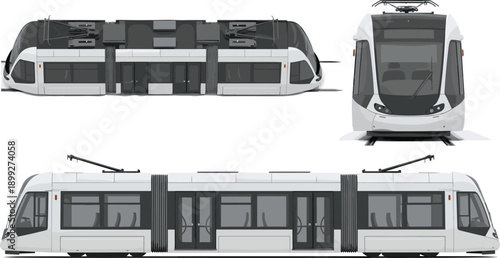 Modern White City Tram Illustration Showing Side Front and Top View Perspectives for Urban Transportation Infrastructure Public Transit Systems and Sustainable Metropolitan Commuter Travel Designs