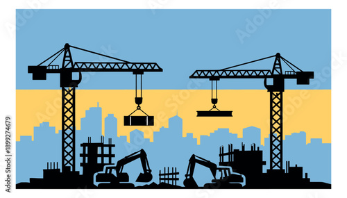 Silhouette illustration of a construction site depicting reconstruction efforts with cranes and excavators for the development of Ukraine
