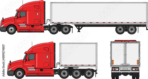 Red semi truck and trailer mockup set featuring side and rear views with white cargo container for logistics freight shipping and transportation branding design