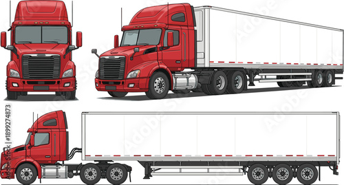 Red Semi Truck with White Cargo Trailer Mockup Set Featuring Front Side and Perspective Angles Isolated on White Background for Logistics and Freight Branding Design